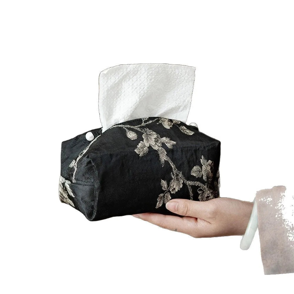 White Chinese brocade fabric tissue box cover with embroidered plum design and optional pearl buckle.