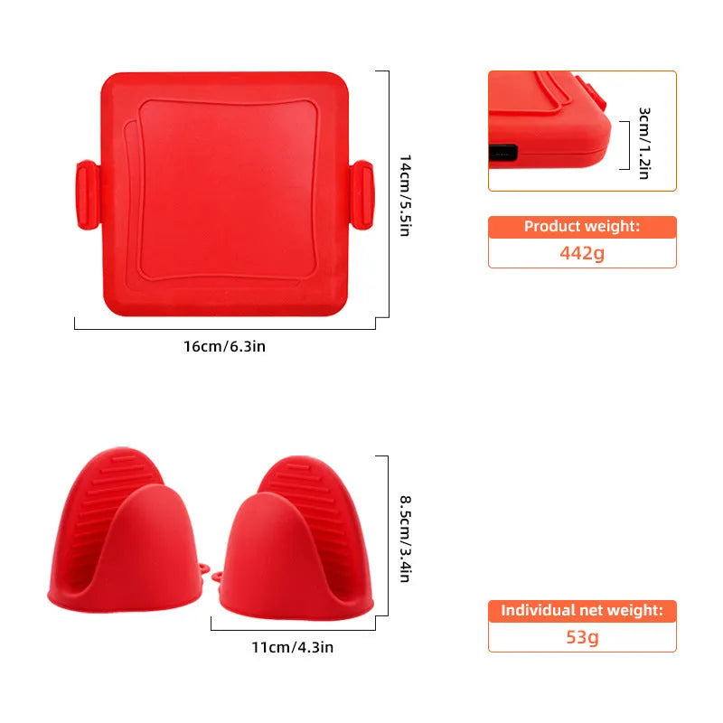 Red silicone baking tray with matching anti-slip oven gloves on kitchen counter
