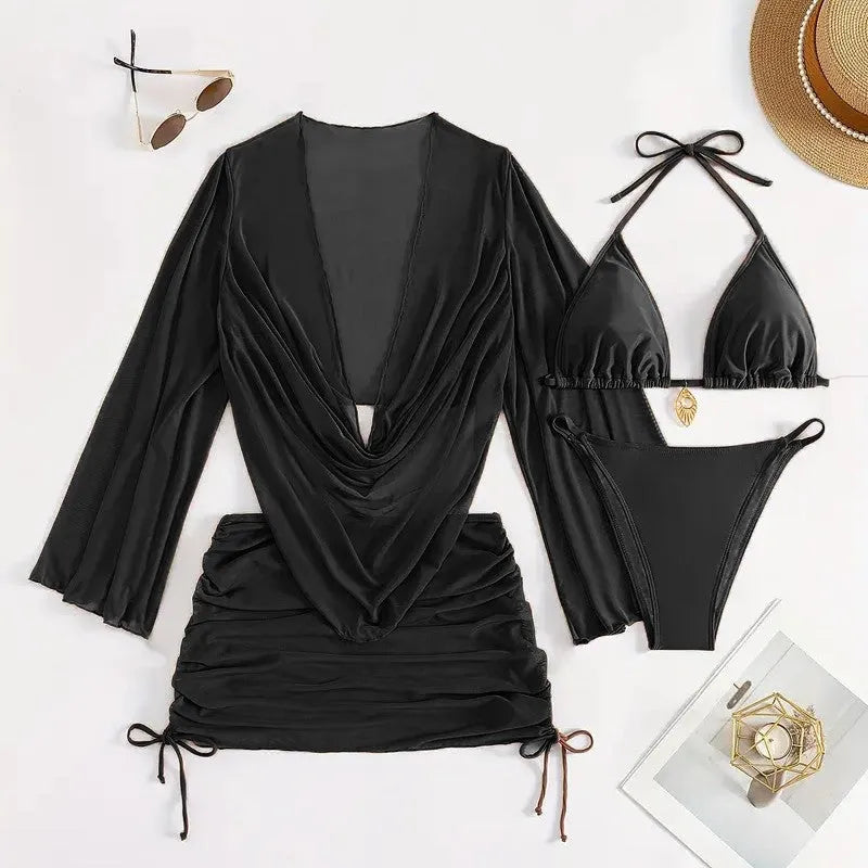 Women's dark brown lace-up bikini swimsuit, backless and sleeveless two-piece.