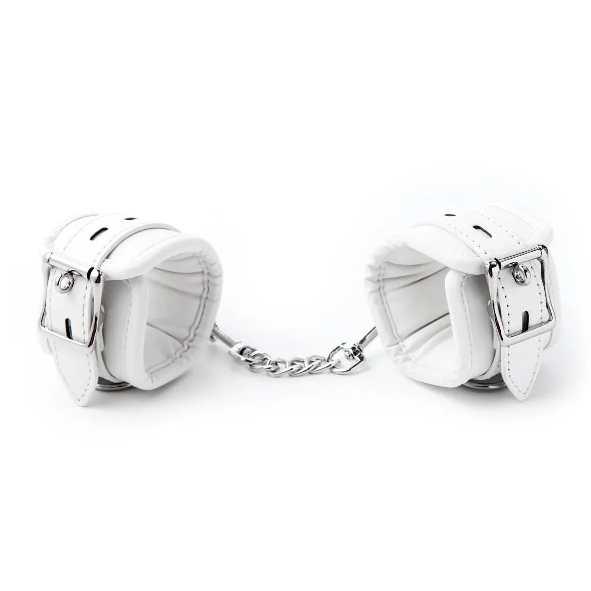 White PU sponge bondage set showing soft handcuffs, foot cuffs, and a neck cuff.