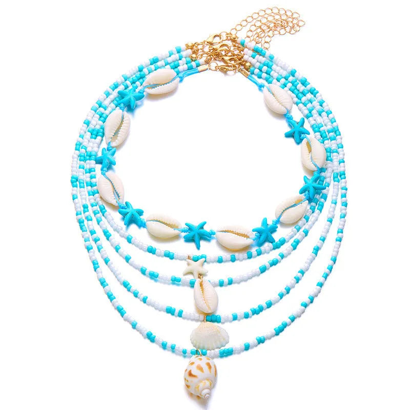 Five women's necklaces with starfish shell conch bead designs in blue and multicolour with alloy pendants
