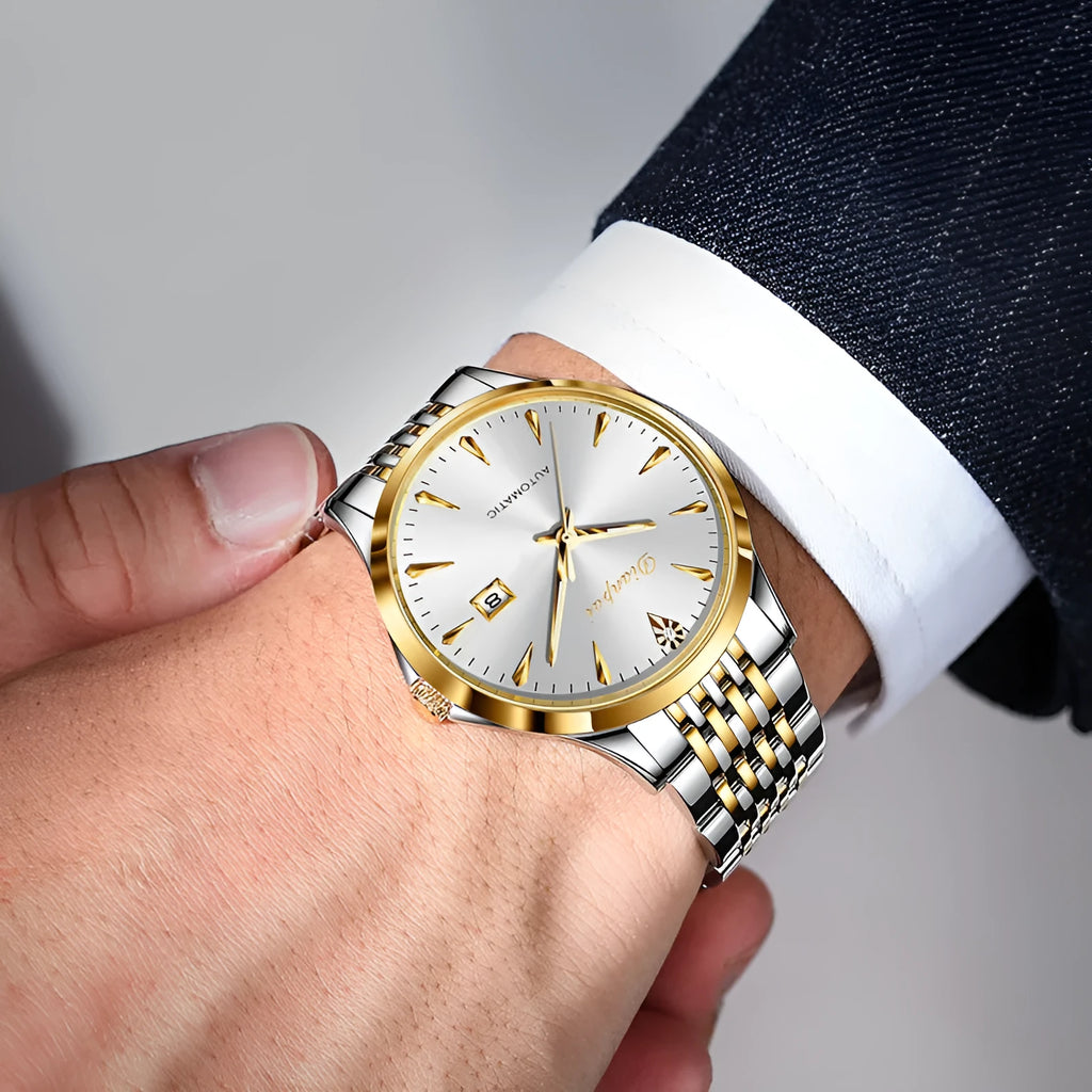 Men's automatic watch with stainless steel bracelet and a white dial, showing water resistance of 30 metres.