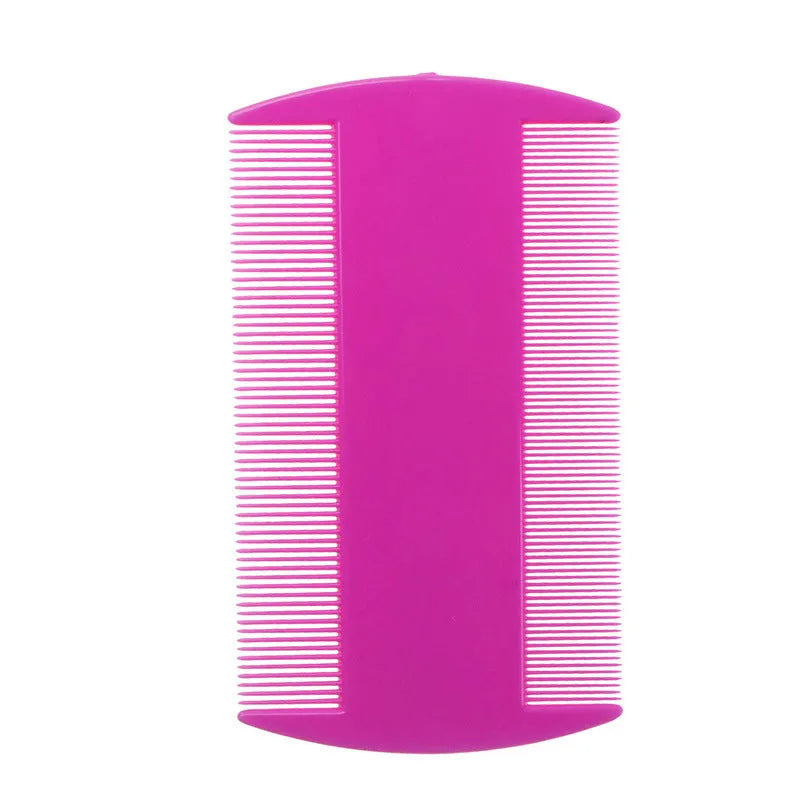 A white plastic double-edged fine-toothed flea and lice comb, shown from above on a plain surface.