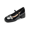 Women's apricot patent leather pumps with chunky heel and square toe, showing buckle ankle strap