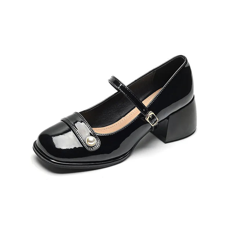 Women's apricot patent leather pumps with chunky heel and square toe, showing buckle ankle strap