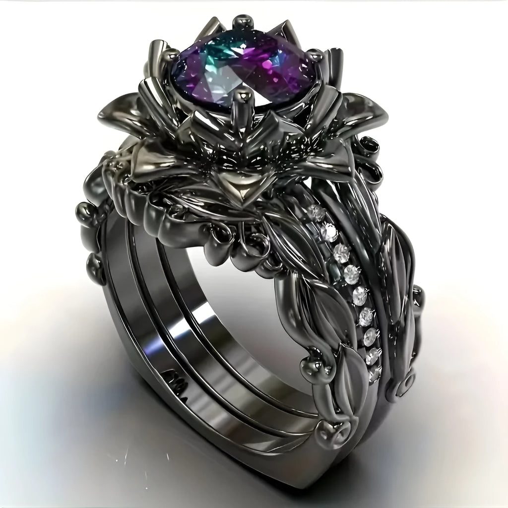 Geometric flower design ring with zircon ornaments in electroplated alloy, showing colour options.