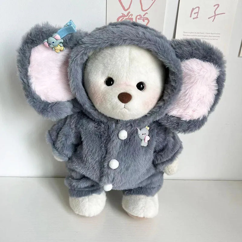 Grey elephant patterned plush jumpsuit for a 30cm tall doll