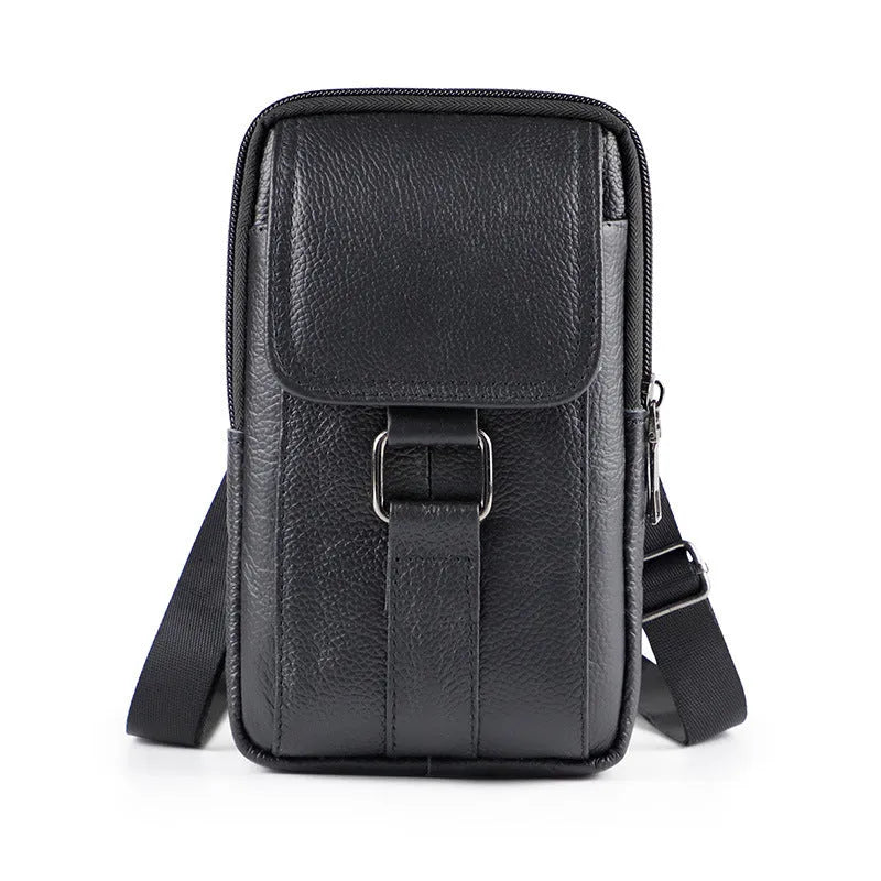 Men's black genuine leather waist crossbody bag with vertical square design and internal coin pocket