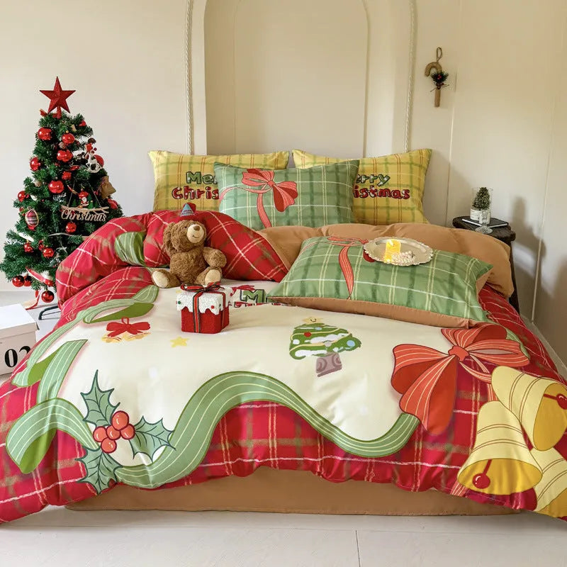 Christmas cartoon printed four-piece cotton bedding set showing duvet cover and pillowcases