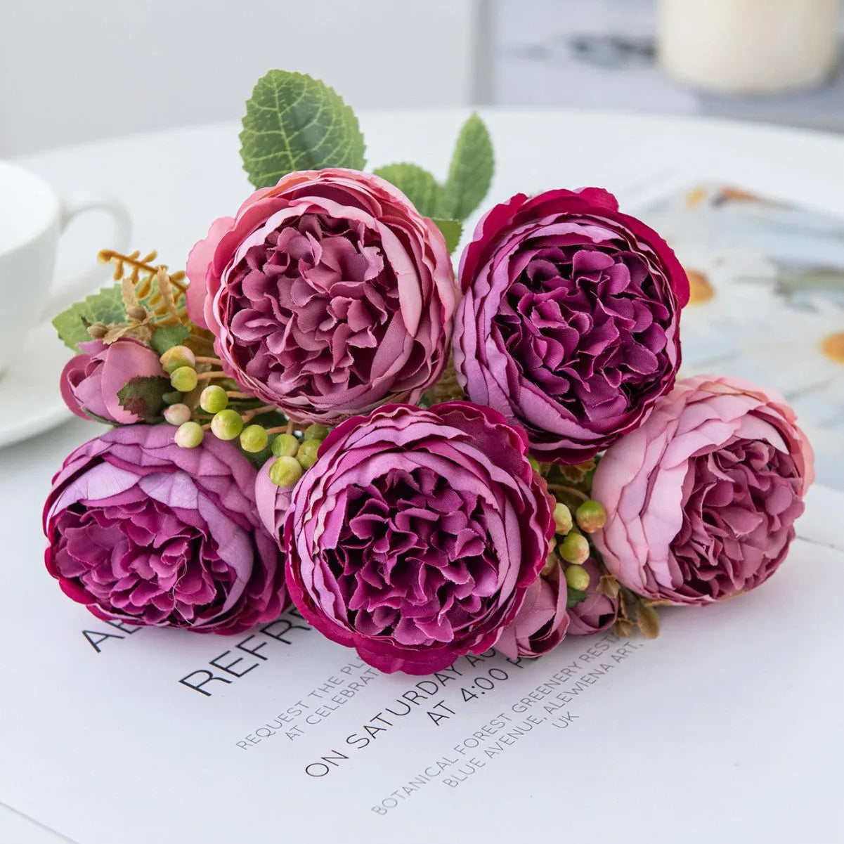 A silk artificial peony flower bouquet in a champagne colour, suitable for wedding or home decoration.