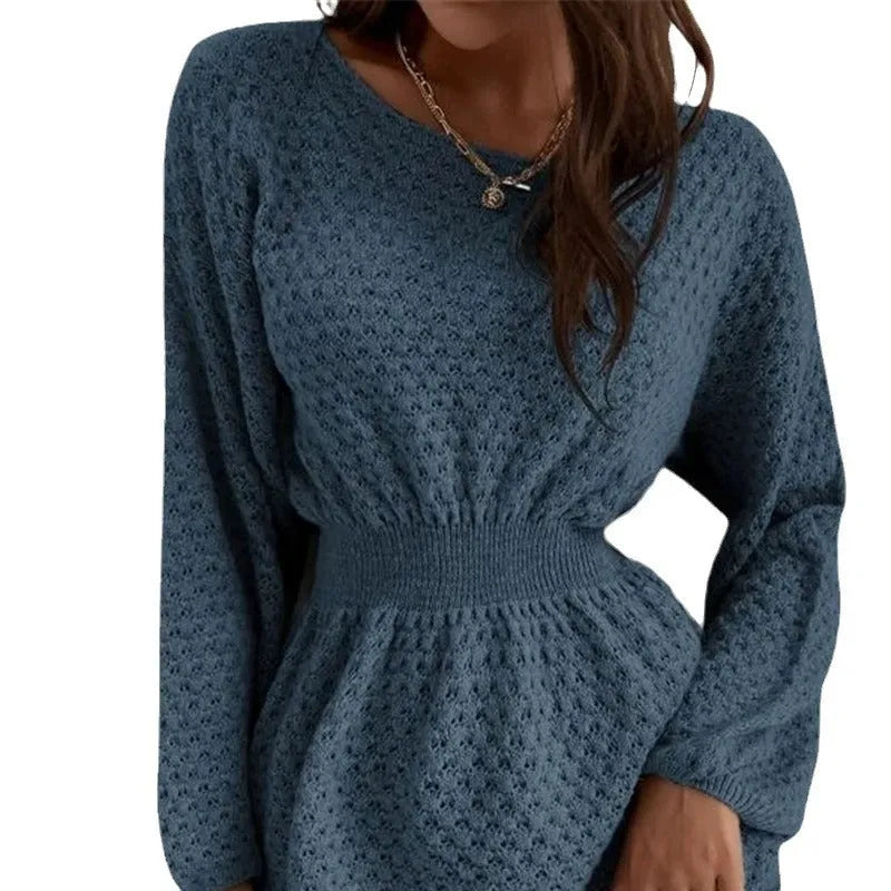 Blue knitted dress with French loose round neck, fitted waist, and hand-crocheted flower decorations