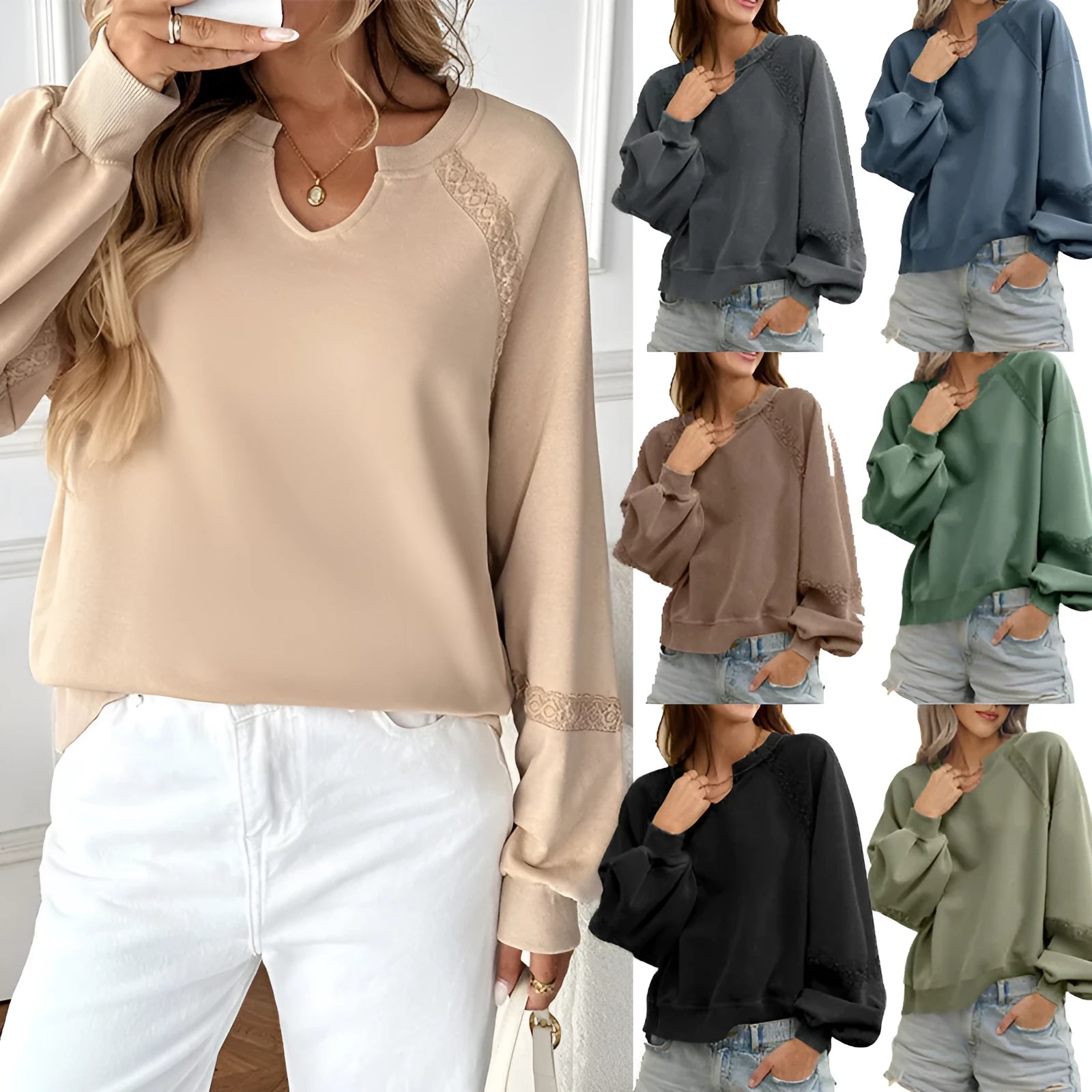 Women's half-open collar stitching lace long sleeve sweater in cotton polyester fabric