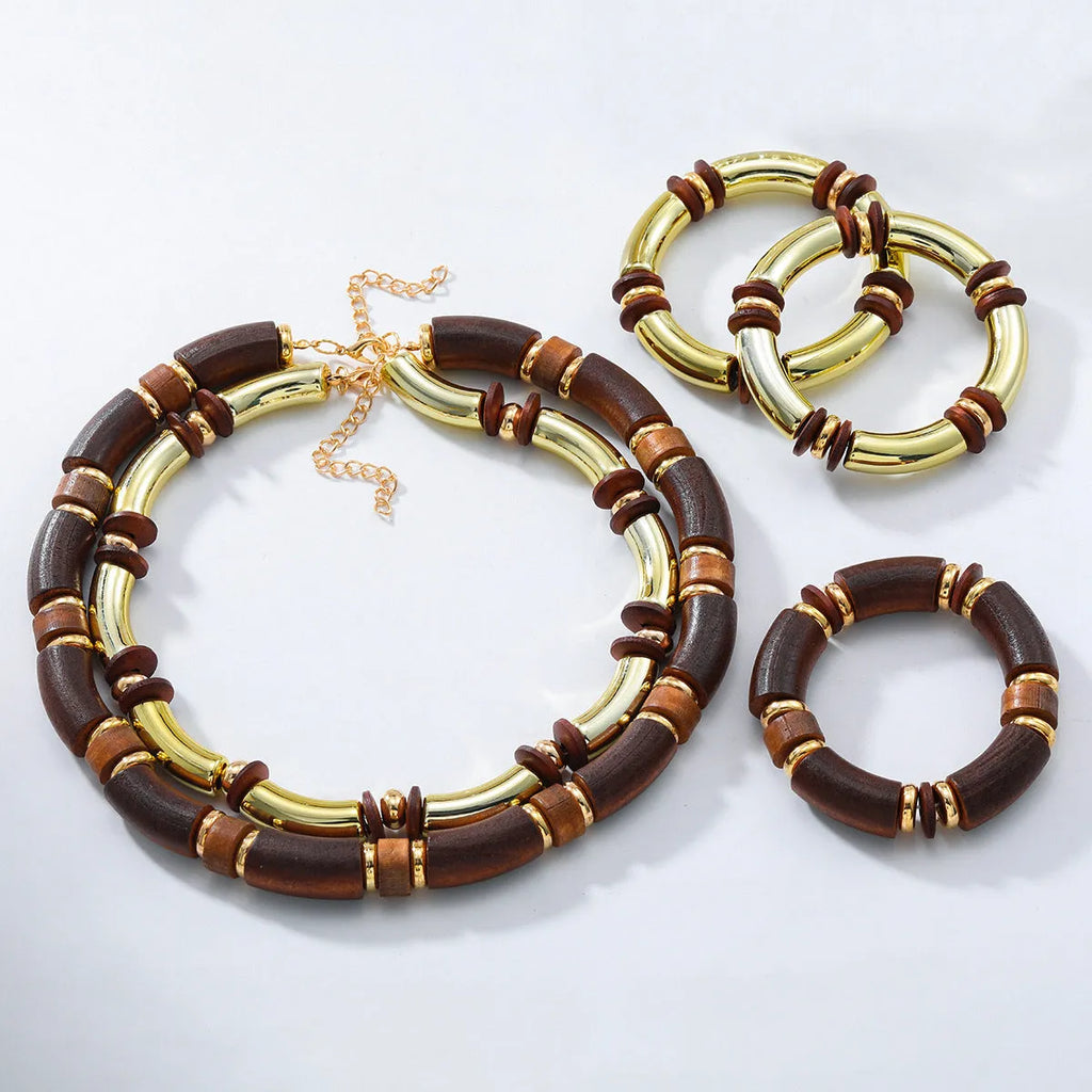 Multi-layer wooden necklace and bracelet set with alloy chain and round elements