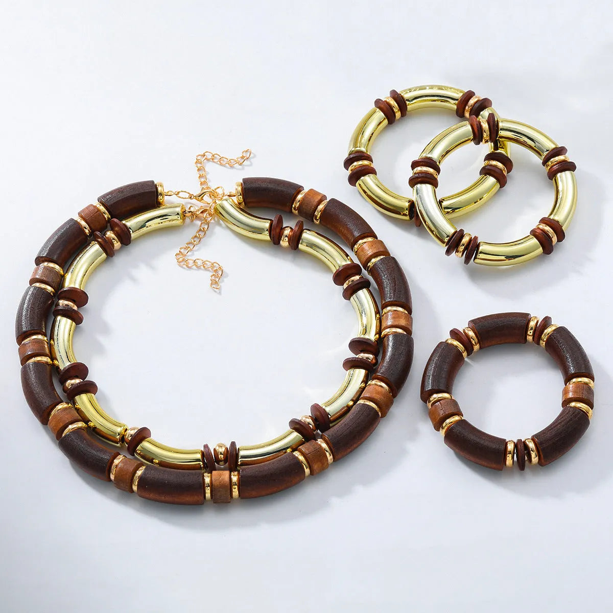 Multi-layer wooden necklace and bracelet set with alloy chain and round elements