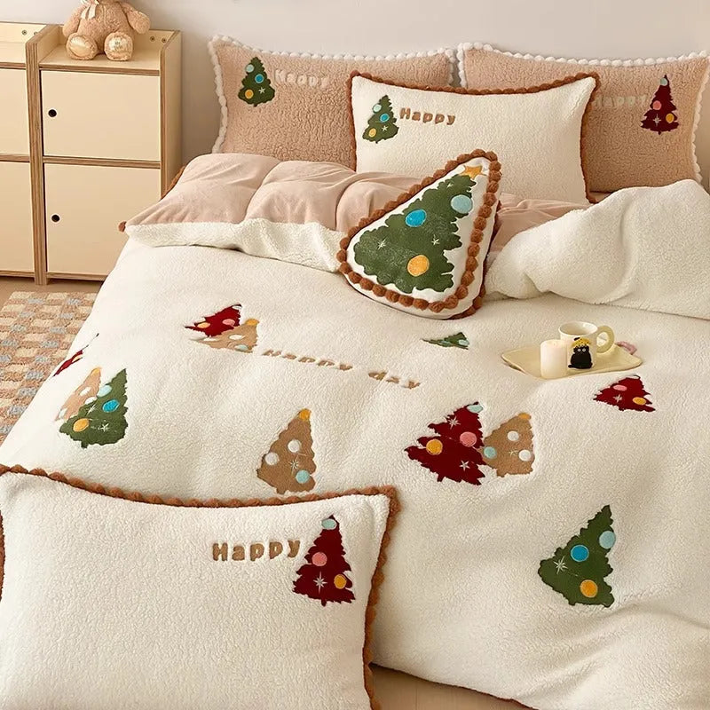 Bright yellow fleece-lined winter bedding four-piece set with cartoon animation embroidery.