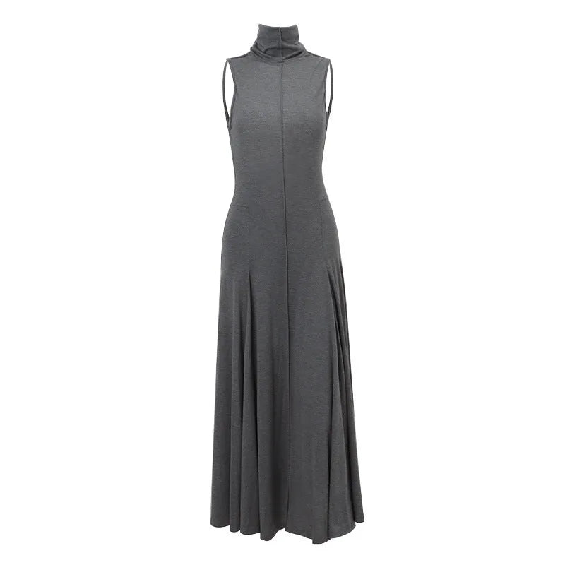 Grey slim-fit women's cotton dress with half turtleneck and backless design.
