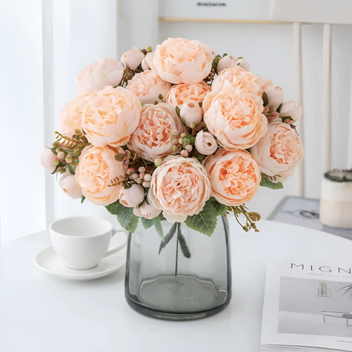 A silk artificial peony flower bouquet in a champagne colour, suitable for wedding or home decoration.