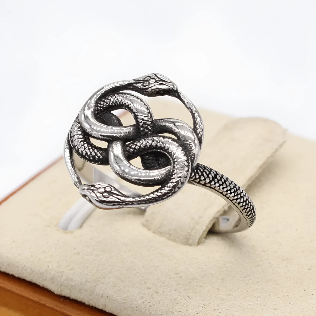 Titanium steel double snake ring in steel colour with retro design on size chart showing EU 6-13