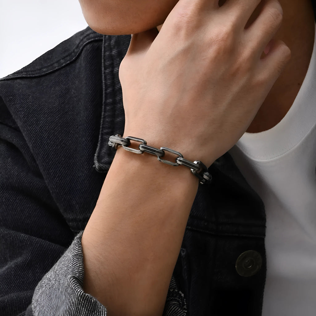 Men's stainless steel square chain bracelet in steel, gold, black, and retro colour options.