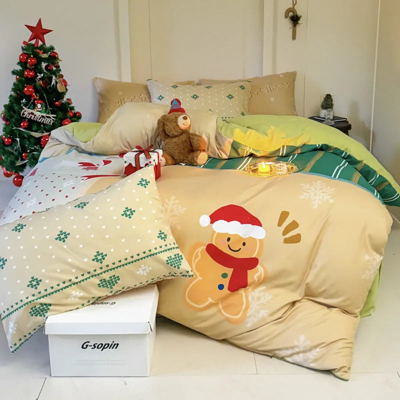 Christmas cartoon printed four-piece cotton bedding set showing duvet cover and pillowcases