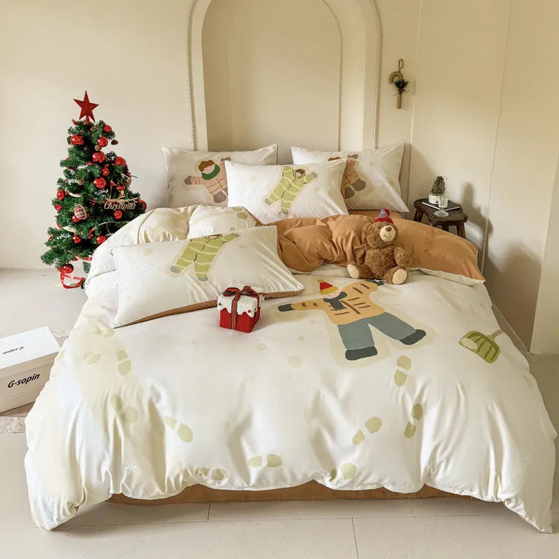 Christmas cartoon printed four-piece cotton bedding set showing duvet cover and pillowcases