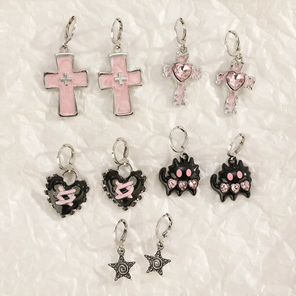 Women's alloy earrings with cross designs in white, bright black, and antique silver colour options