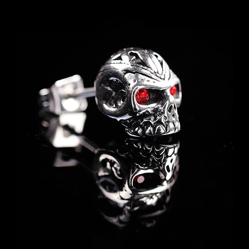 Retro skull stud earrings with red eye ghost head design and electroplated alloy construction