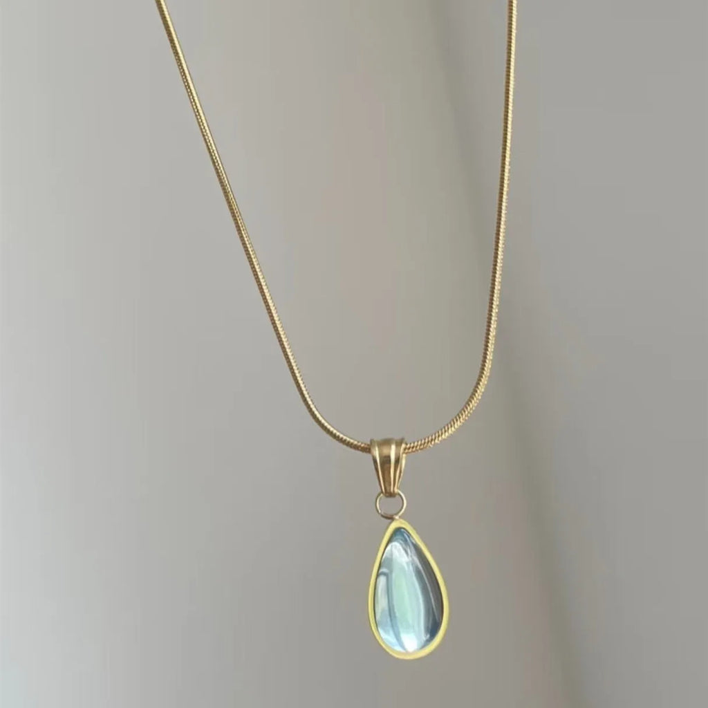 Retro blue and green water drop necklace with mixed gem inlaid pendant on titanium steel snake bones chain