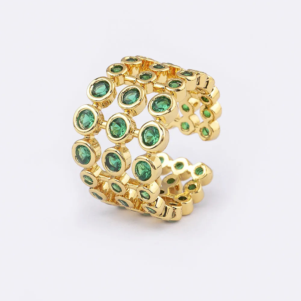 Copper wide band ring with 18K gold plating, green accents, and zircon stones