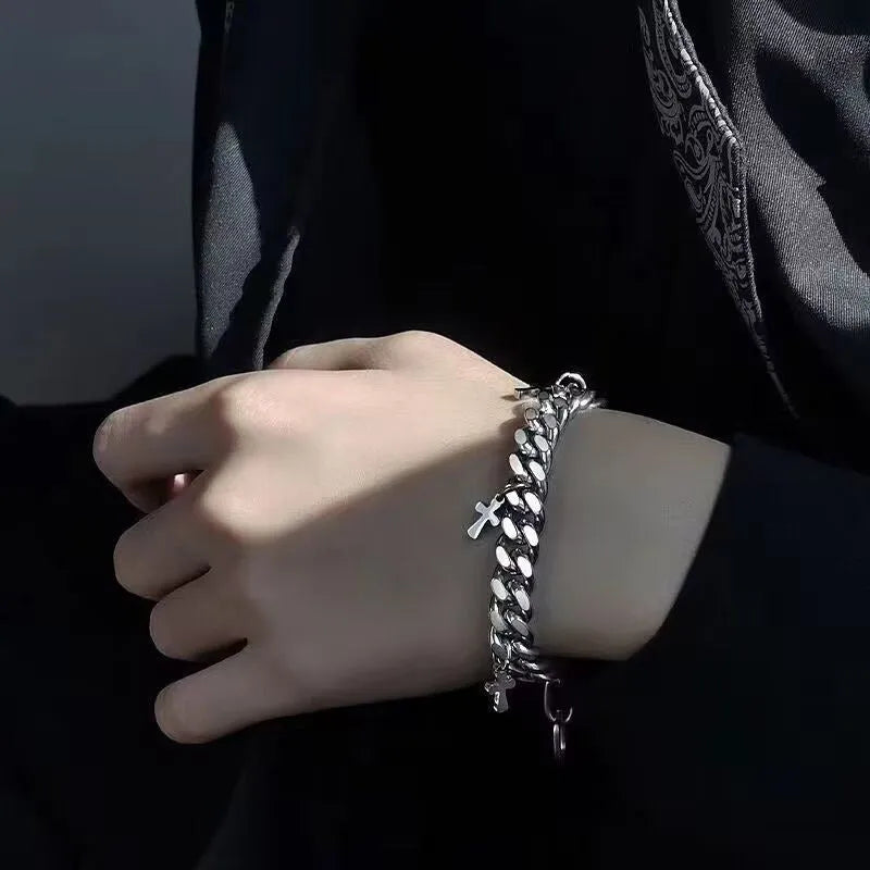 Men's titanium steel geometric cross bracelet with cold wind style design
