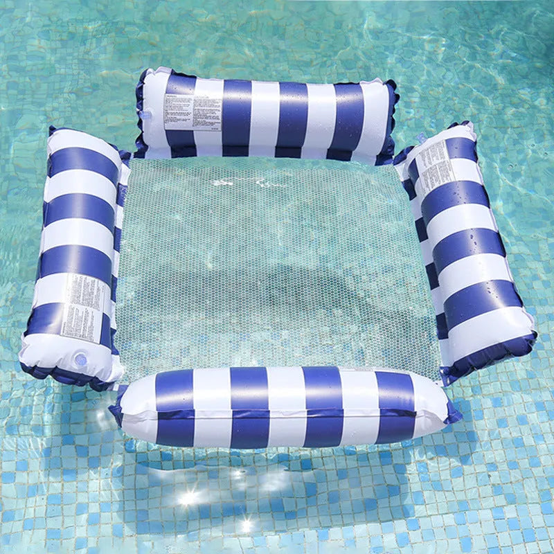 Inflatable four-tube floating deck chair with striped design and mesh seat on water.