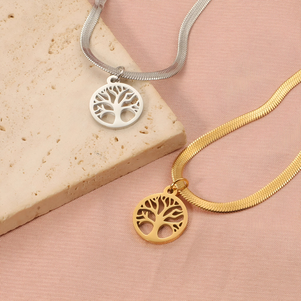 Adjustable tree pendant necklace with snake bones chain in gold or steel finish