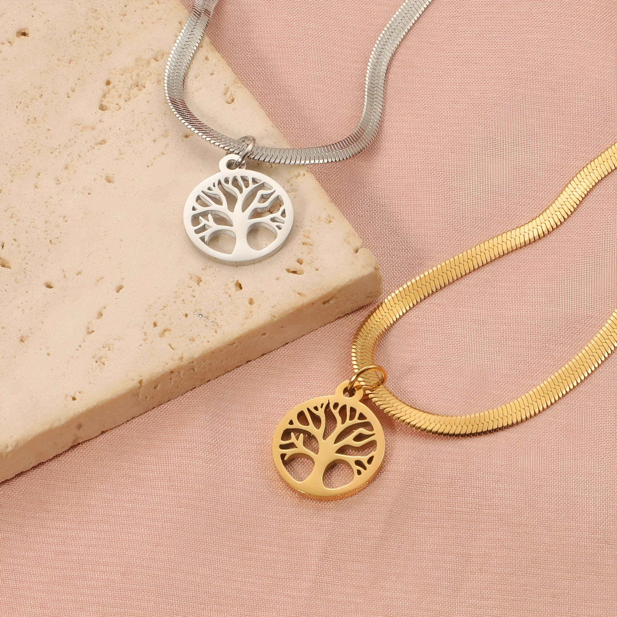 Adjustable tree pendant necklace with snake bones chain in gold or steel finish