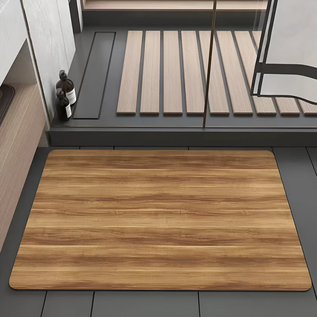 Square American wood grain design diatomite bathroom floor mat on tiles.