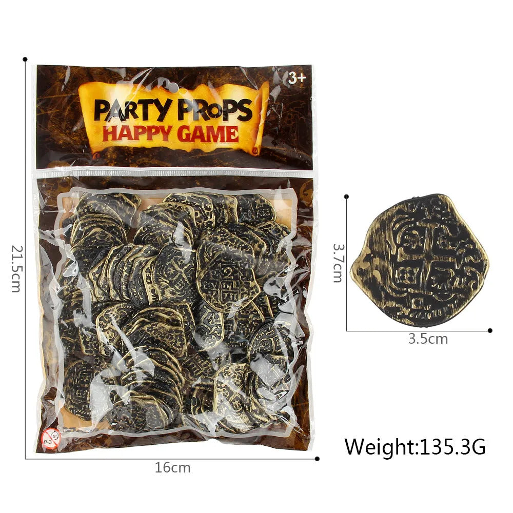 Set of 100 replica Roman pirate coins with metallic gold, silver, or bronze electroplated finish.