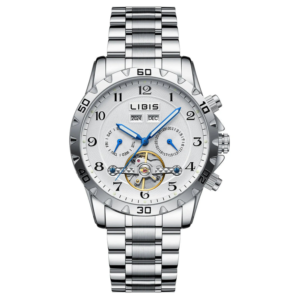 Men's silver stainless steel automatic perpetual calendar watch with sapphire crystal glass.