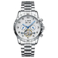 Men's silver stainless steel automatic perpetual calendar watch with sapphire crystal glass.