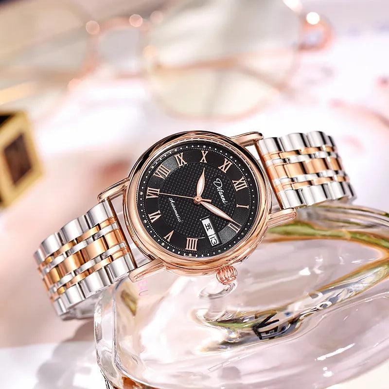 Women's automatic mechanical watch with 12mm steel case showing leather strap and white dial option
