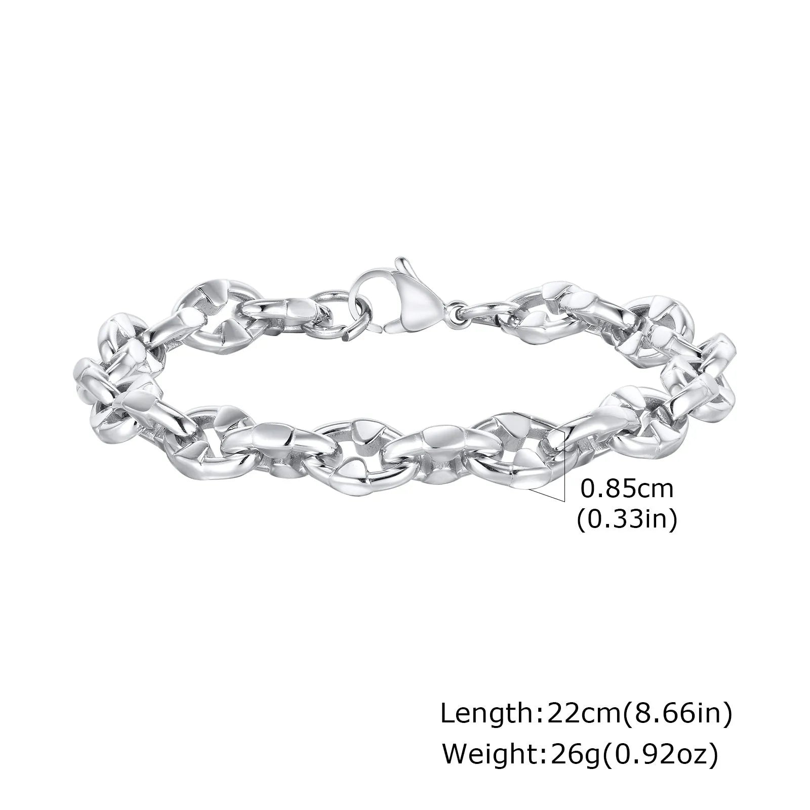 Close-up of a men's thick stainless steel geometric chain link bracelet on a wrist.