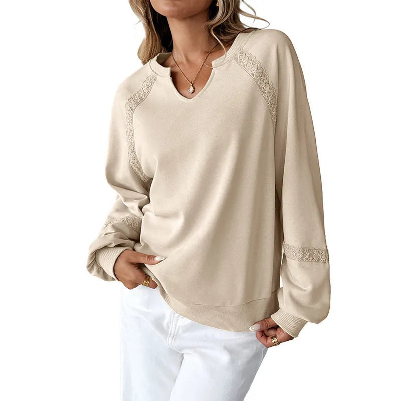 Women's half-open collar stitching lace long sleeve sweater in cotton polyester fabric