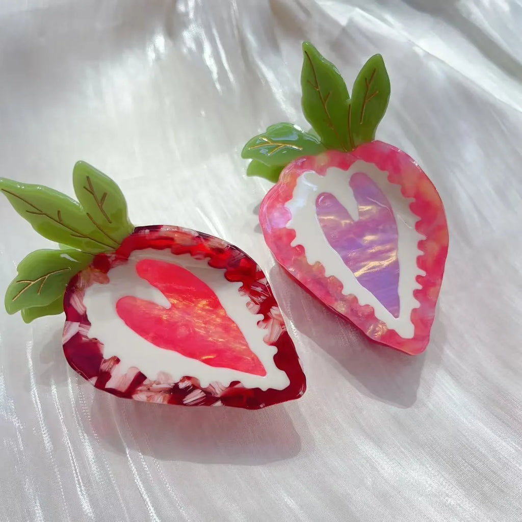 Red strawberry-shaped metal hairpin with pastoral style design