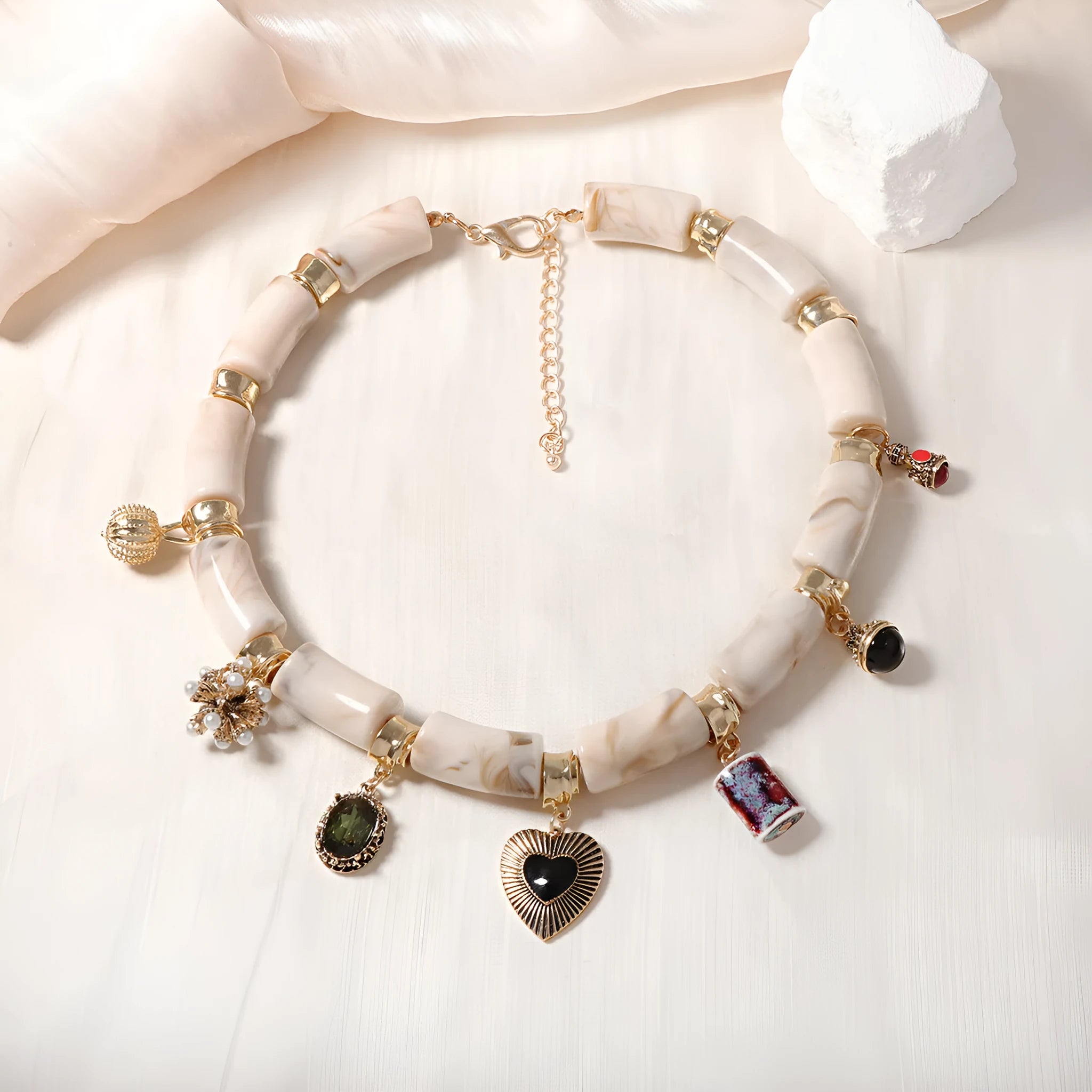 Bamboo resin heart-shaped pendant necklace with electroplated metallic finish on adjustable chain