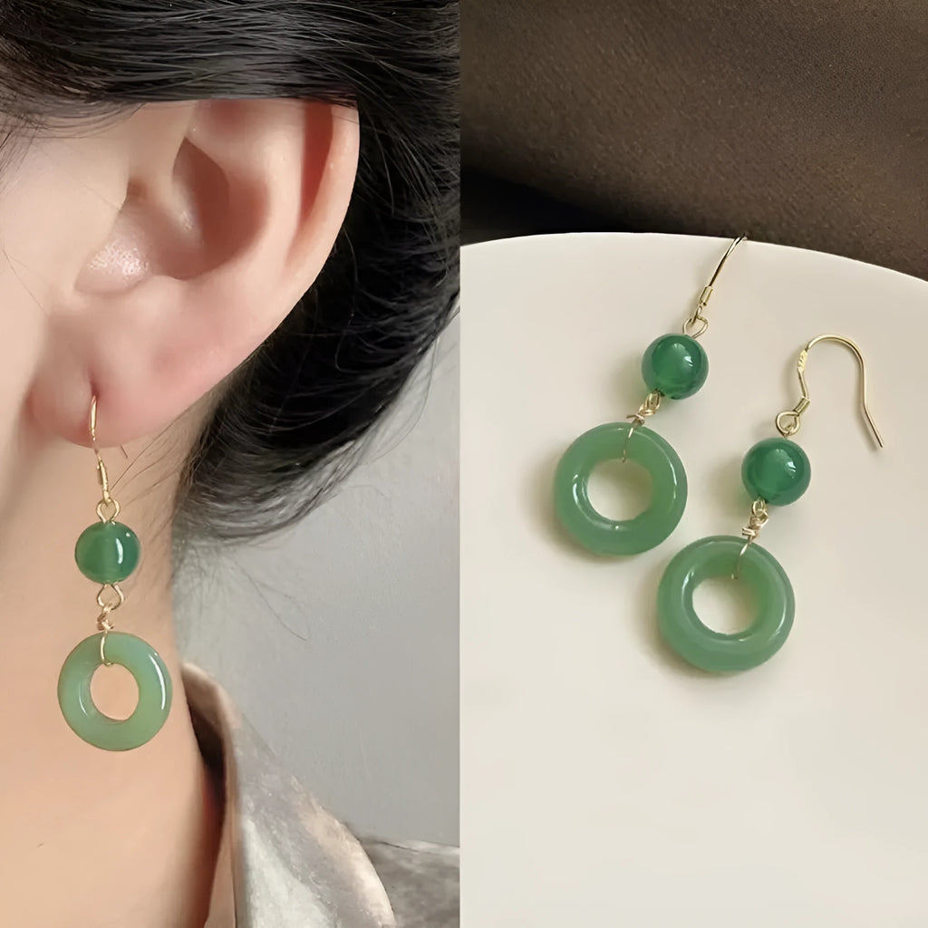 Green jade design peace buckle earrings in 14K gold colour zinc alloy