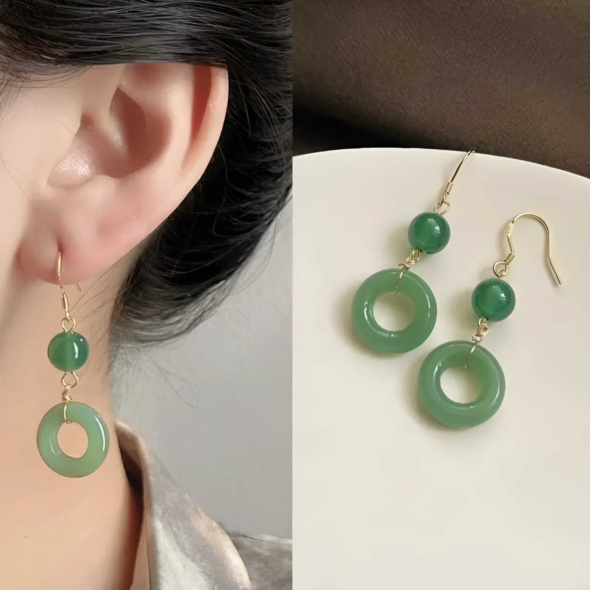 Green jade design peace buckle earrings in 14K gold colour zinc alloy