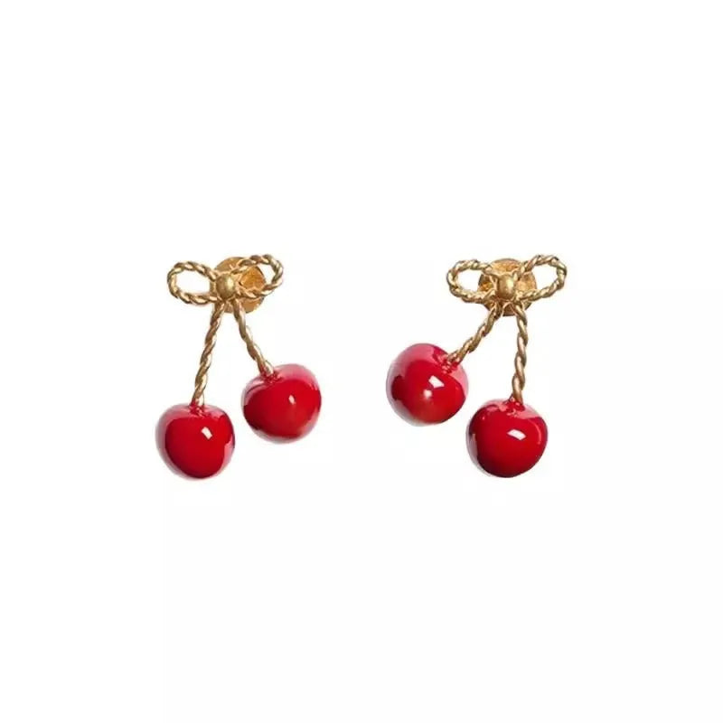Red alloy cherry earrings for women simple geometric fruit shape eardrops colour ED2528