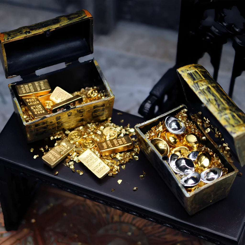 Alloy gold coin and gold bar miniature treasure ornaments for dollhouse displays.