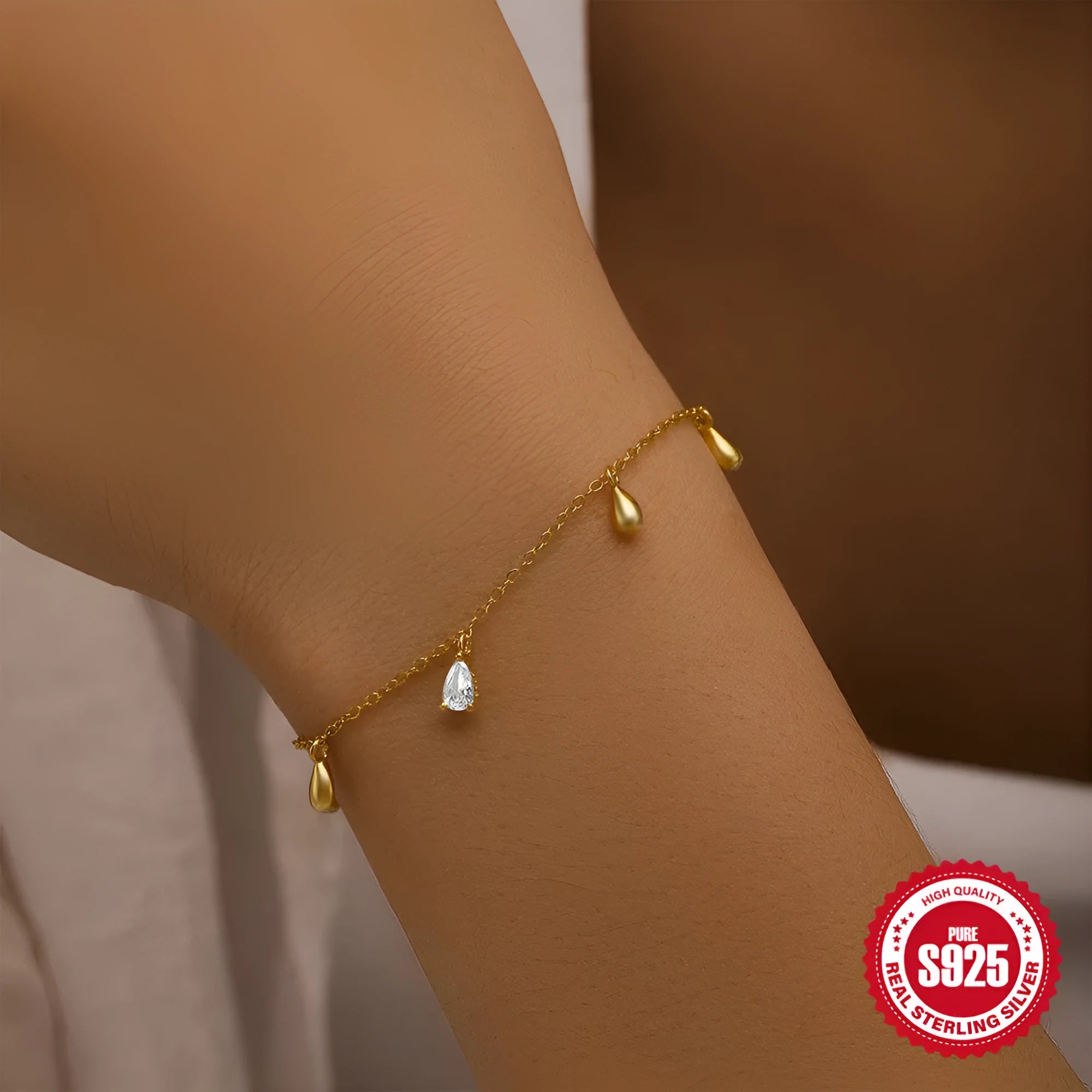 Gold colour S925 sterling silver bracelet with water drop diamond pendant geometric design