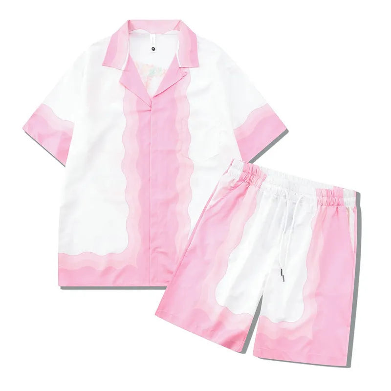 Plaid pattern beach shirt outfit set with matching trousers for men and women