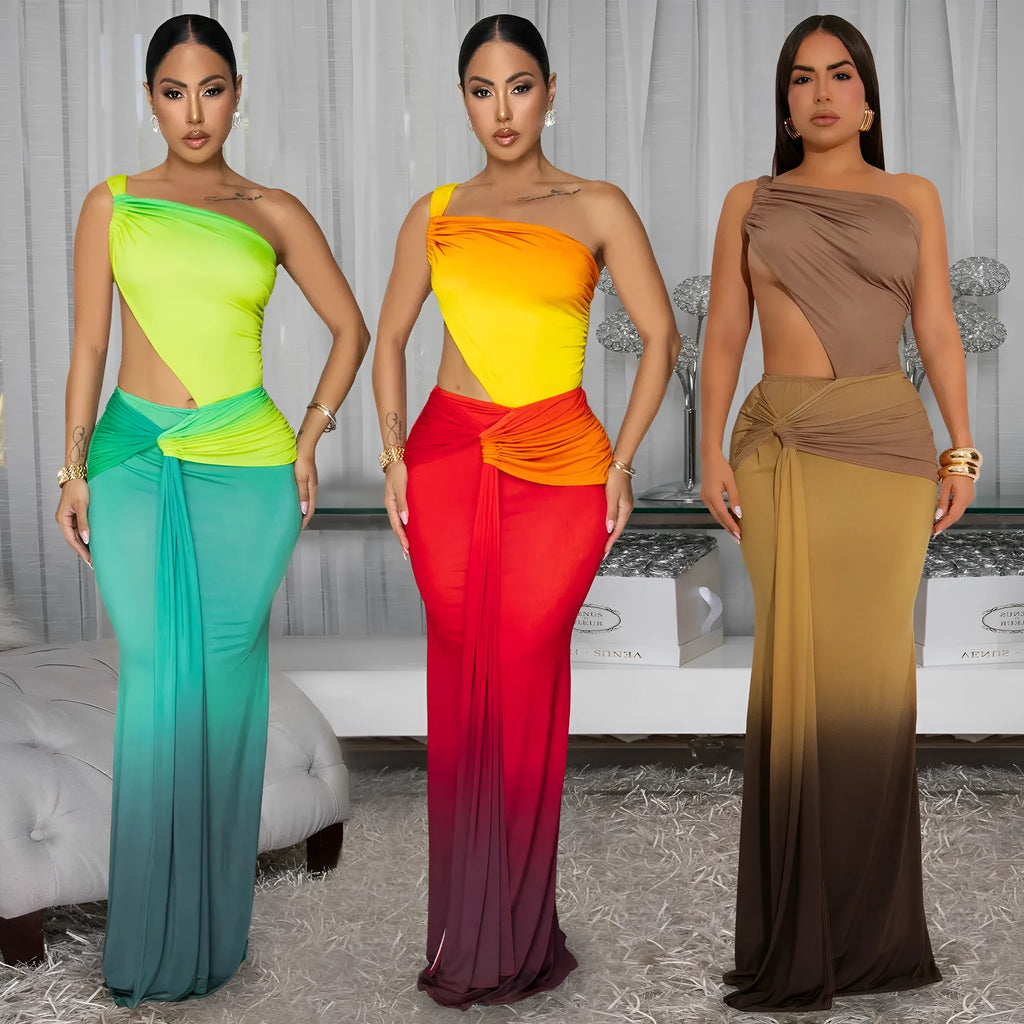 Women's brown gradient summer dress with cross-shoulder design and high waist.