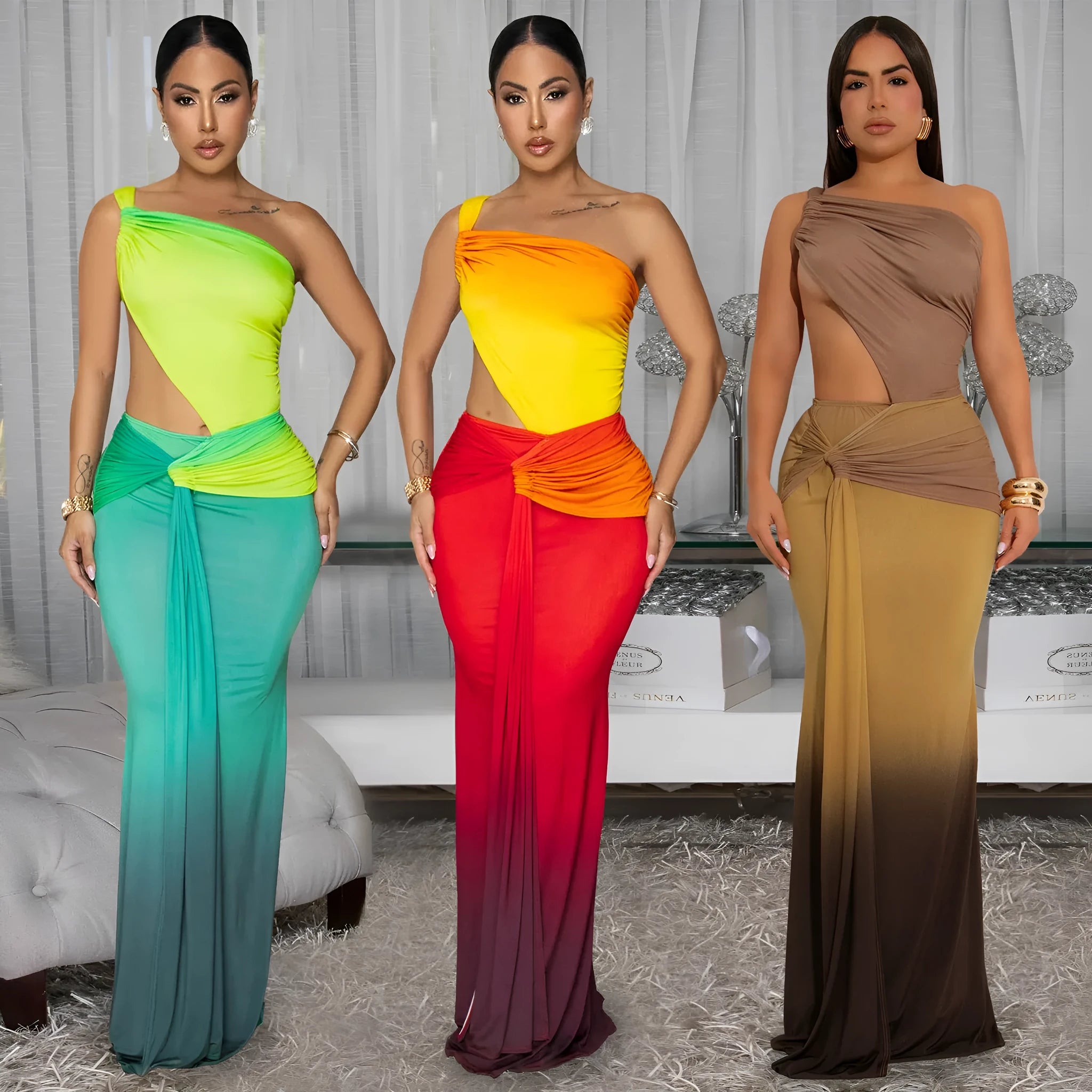 Women's brown gradient summer dress with cross-shoulder design and high waist.